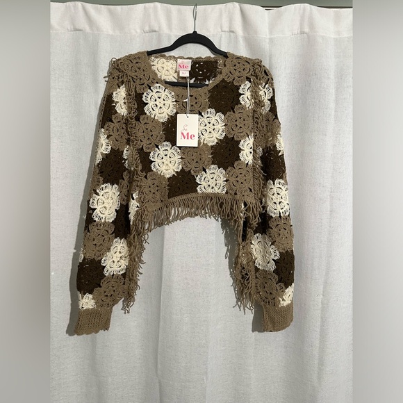 NWT So Me, Boutique Brand Brown Multi Flower Crochet Sweater - Picture 6 of 9